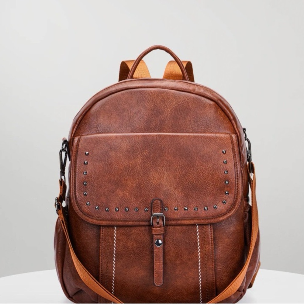 Brown Leather Backpack with Stud Accents